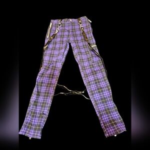 NWT Widow Plaid Bondage Pants Sz S Black Purple High Rise Straps Zippers Pockets